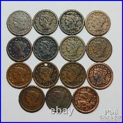 (15) 1842-1856 Braided Hair Large Cents 1c 15 Coins 28196