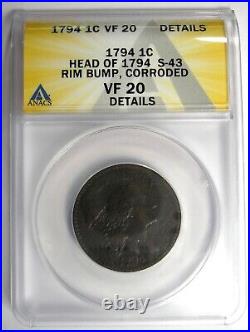 1794 Liberty Cap Large Cent 1C S-43 Variety Coin Certified ANACS VF20 Details