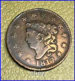 1817 U. S. American Copper Large Cent VF. Details Coin 13 Stars 207 Years Old