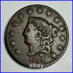 1833 1c Coronet Large Cent VF Condition GREAT RARE COIN