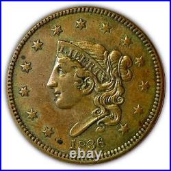 1836 Coronet Head Large Cent Almost Uncirculated AU Coin, Scratch #3408