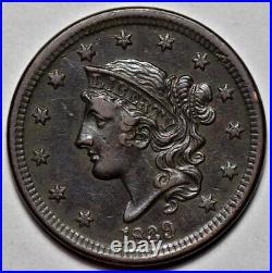 1839 Coronet Head Large Cent Silly Head US 1c Copper Penny Coin L41