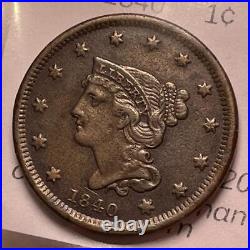 1840 Small Date Braided Hair Large Cent High Almost Uncirculated AU+ Coin