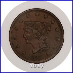 1842 1C Small Date Braided Hair Large Cent ANACS AU50 Coin Old Soapbox Holder
