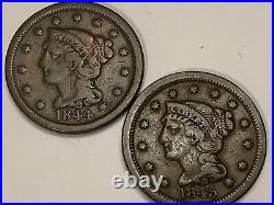 1842, 43, 44, 45. Braided Hair Large Cents. 100% Copper