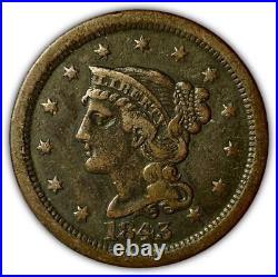 1843 Mature Head Braided Hair Large Cent Extremely Fine XF Coin #3043