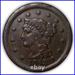 1843 Mature Head Braided Hair Large Cent Extremely Fine XF Coin #6885