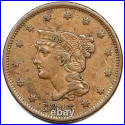 1843 N-12 R-2 Petite Head, Sm Letters Braided Hair Large Cent Coin 1c