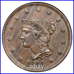 1843 N-15 R-3 NGC MS 63 BN Petite Head Braided Hair Large Cent Coin 1c
