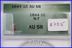 1844 N-7 R-2+ ANACS AU 58 Braided Hair Large Cent Coin 1c