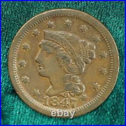 1847 AU Large Cent Coin Rare Antique Coin in Almost Uncirculated Condition