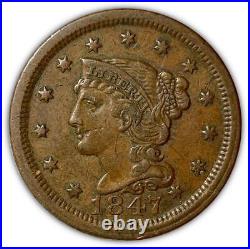 1847 Braided Hair Large Cent Almost Uncirculated AU Coin #1964
