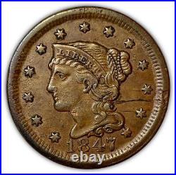 1847 Braided Hair Large Cent Almost Uncirculated AU Coin #2160