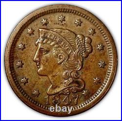 1847 Braided Hair Large Cent Almost Uncirculated AU Coin #671