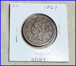 1847 DATE BRAIDED HAIR LARGE CENT (1 c.) COIN ALMOST UNCIRCULATED (AU) CONDITION