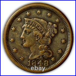 1848 Braided Hair Large Cent Almost Uncirculated AU Coin #2530