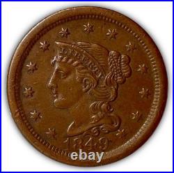 1849 Braided Hair Large Cent Choice Almost Uncirculated AU+ Coin #5925