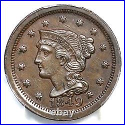 1849 N-16 R5 PCGS AU58 Braided Hair Large Cent Coin 1c