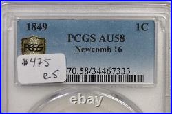 1849 N-16 R5 PCGS AU58 Braided Hair Large Cent Coin 1c