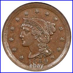 1849 N-2 NGC AU 58 Braided Hair Large Cent Coin 1c