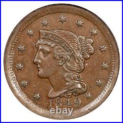 1849 N-2 NGC AU 58 Braided Hair Large Cent Coin 1c