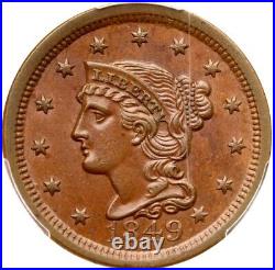 1849 N-2 R-2 PCGS AU 58 Braided Hair Large Cent Coin 1c