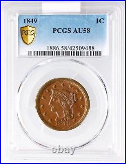 1849 N-2 R-2 PCGS AU 58 Braided Hair Large Cent Coin 1c
