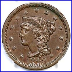 1849 N-9 R-3+ PCGS AU 55 CAC Braided Hair Large Cent Coin 1c