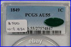 1849 N-9 R-3+ PCGS AU 55 CAC Braided Hair Large Cent Coin 1c