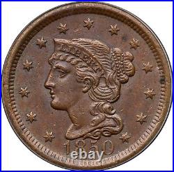 1850 N-28 R-3- ANACS AU 58 Braided Hair Large Cent Coin 1c