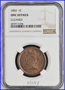 1850 P Braided Hair Large Cent NGC UNC-Details Cleaned BN