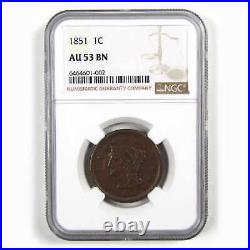 1851 Braided Hair Large Cent AU 53 NGC Copper Penny 1c Coin SKUI4399