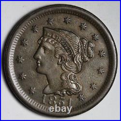 1851 Braided Hair Large Cent AU+ E154 UBK