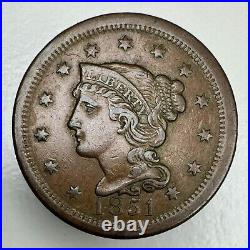 1851 Braided Hair Large Cent Almost Uncirculated AU+ Coin. GREAT COIN