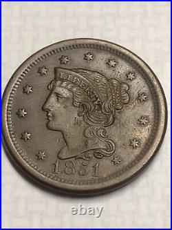 1851 Braided Hair Large Cent. High Grade. Nice Color. Type Coin
