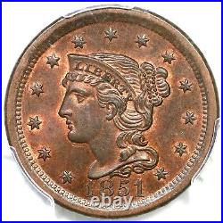 1851 N-1 R-3 PCGS MS 64 RB Braided Hair Large Cent Coin 1c