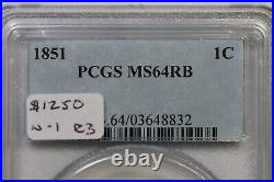 1851 N-1 R-3 PCGS MS 64 RB Braided Hair Large Cent Coin 1c