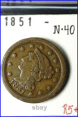 1851 N-40 R-5+ TOUGH VARIETY Braided Hair Large Cent Coin 1c