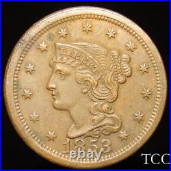 1853 BRAIDED HAIR LARGE CENT STUNNING UNC 1c COIN FREE SHIPPING TCC