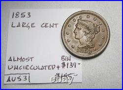 1853 Large Cent AU+ Coin AI107