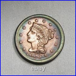 1853 Large Cent Nice Olive Green/Bluish Rim Toning AU Details Coin AL801