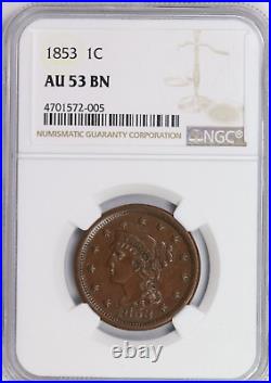 1853 NGC 1C Braided Hair Large Cent/Penny AU53 BN US Coin
