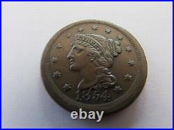 1854 Braided Hair Large Cent Early American Copper Coin 1c Au Brown Penny