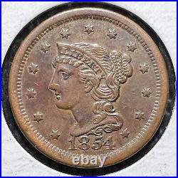 1854 Braided Hair Large Cent grades at AU+ Lot 90