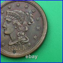 1854 Large Cent, Braided Hair, Choice AU Condition Coin