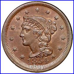 1854 N-14 R-2 ANACS MS 62 BN Braided Hair Large Cent Coin 1c