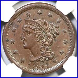 1854 N-20 R-3 NGC AU 55 Braided Hair Large Cent Coin 1c