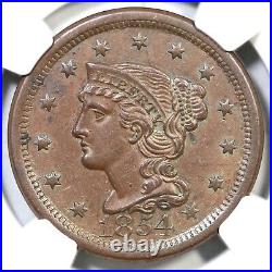 1854 N-20 R-3 NGC AU 55 Braided Hair Large Cent Coin 1c