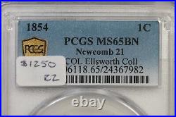 1854 N-21 R-2 PCGS MS 65 BN Braided Hair Large Cent Coin 1c