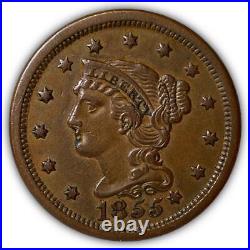 1855 N-9 Know on Ear Early Die State Braided Hair Large Cent AU Coin #6863